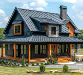 A beautifully designed modern farmhouse featuring black seamless gutters installed by Call The Gutter Guys, complementing the home's black metal roof, wood accents, and stone details